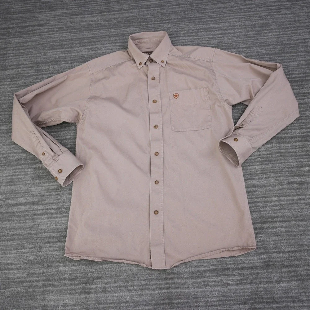 Ariat Shirt Men Small Tan Long Sleeve Button Down Twill Western Khaki Logo S - Picture 2 of 14